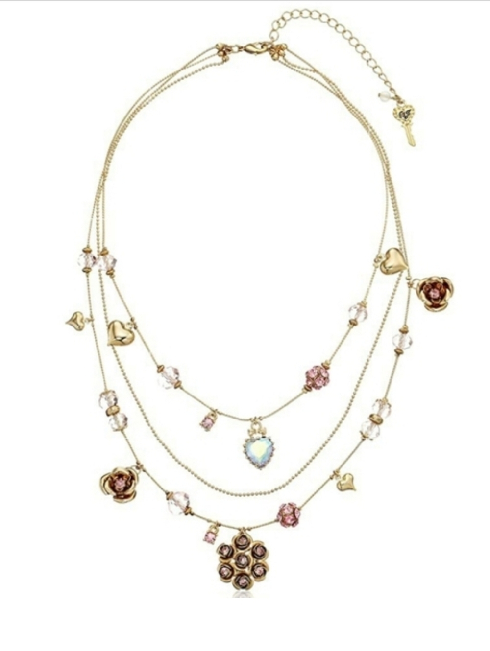 Betsey Johnson Pink Crystal Bows Heart Rose Bouquet Gold Layered Necklace